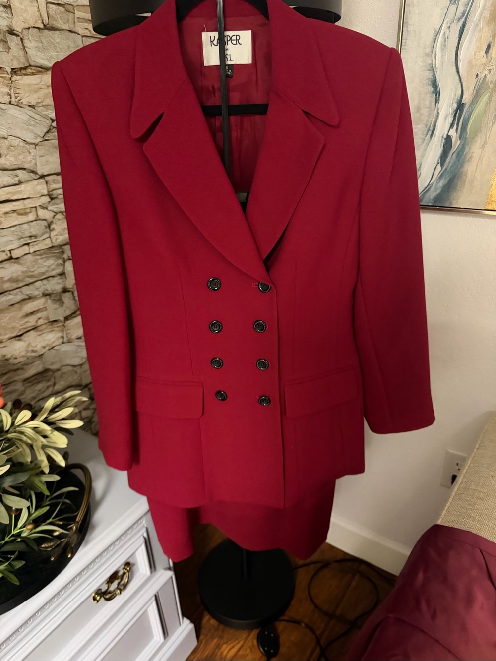 Kasper skirt suits. Double-Breasted Burgundy-Red Blazer with skirt